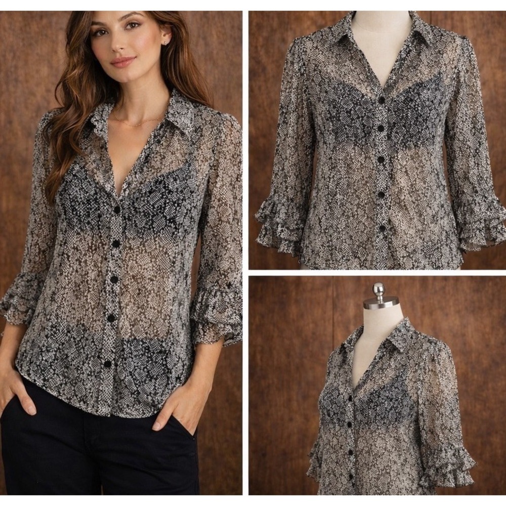 Vintage Sheer Silk Blouse L Snake Animal Print‎ Ruffle Sleeves Black Fairy Goth